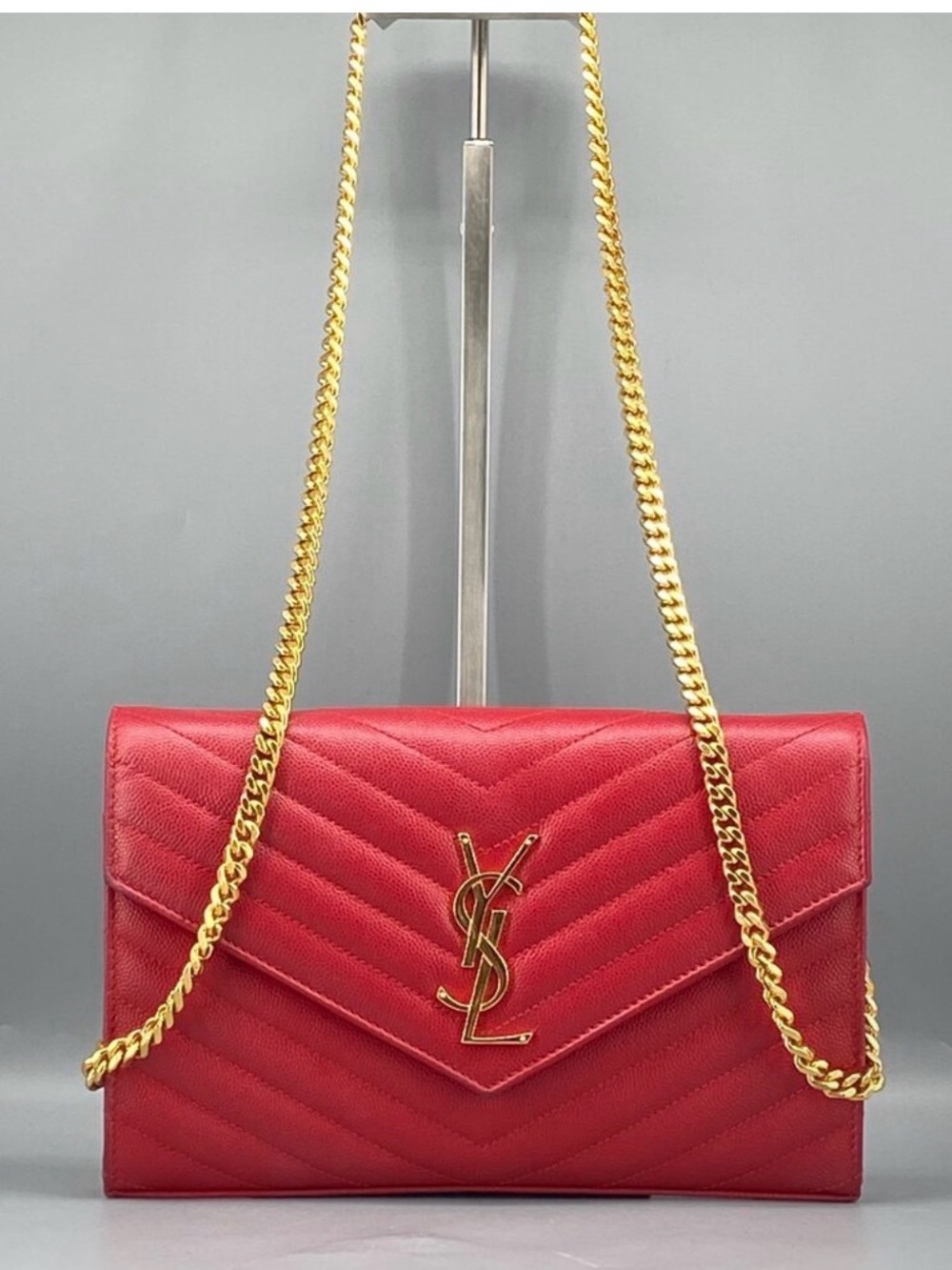 Yves Saint Laurent Red Quilted Chevron Leather Clutch with Gold Chain